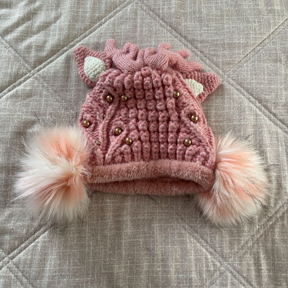 Pink Knit Reindeer Deer Antler Beanie Hat Faux Fur Pom Poms Pearl Accents Kids